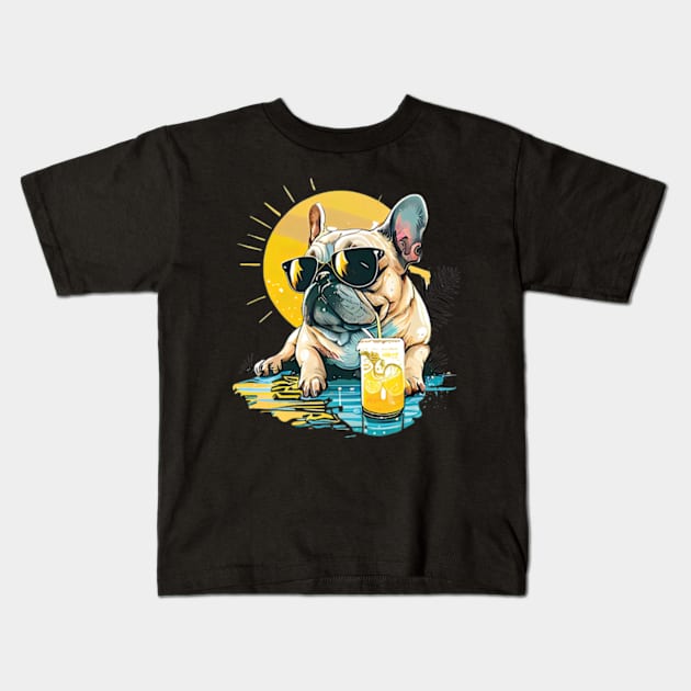 French Bulldog Clipart with Sunglasses Drinking Lemonade, Summer Vibes Kids T-Shirt by MichaelStores